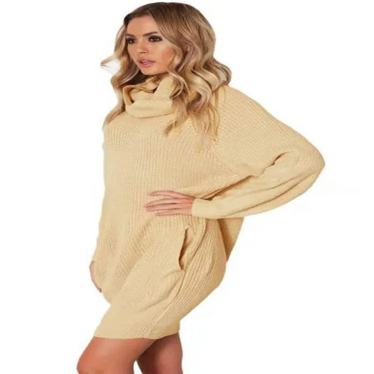 Women's apricot-coloured lapel collar loose sweater with side pockets, mid-length.