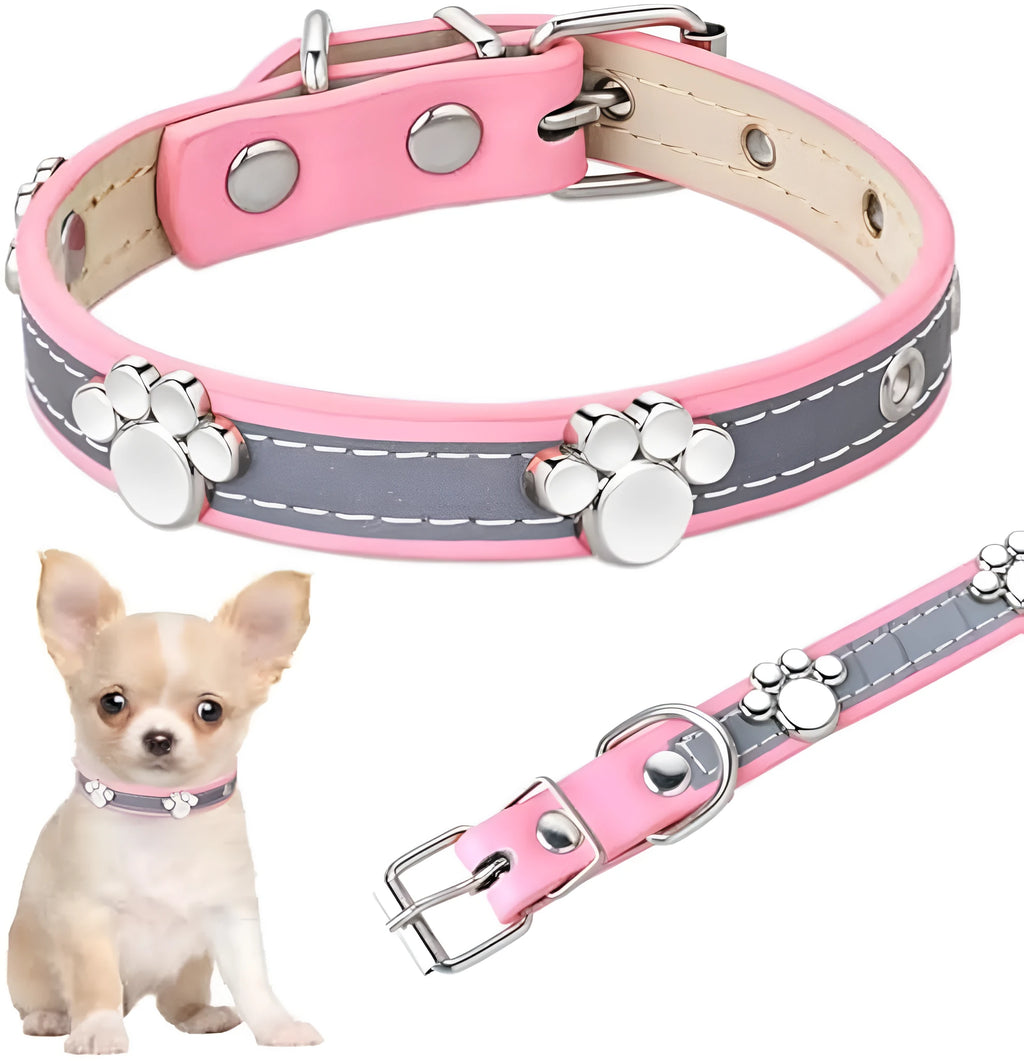 Reflective adjustable PU leather dog collar with paw rivet and metal buckle on a grey background.