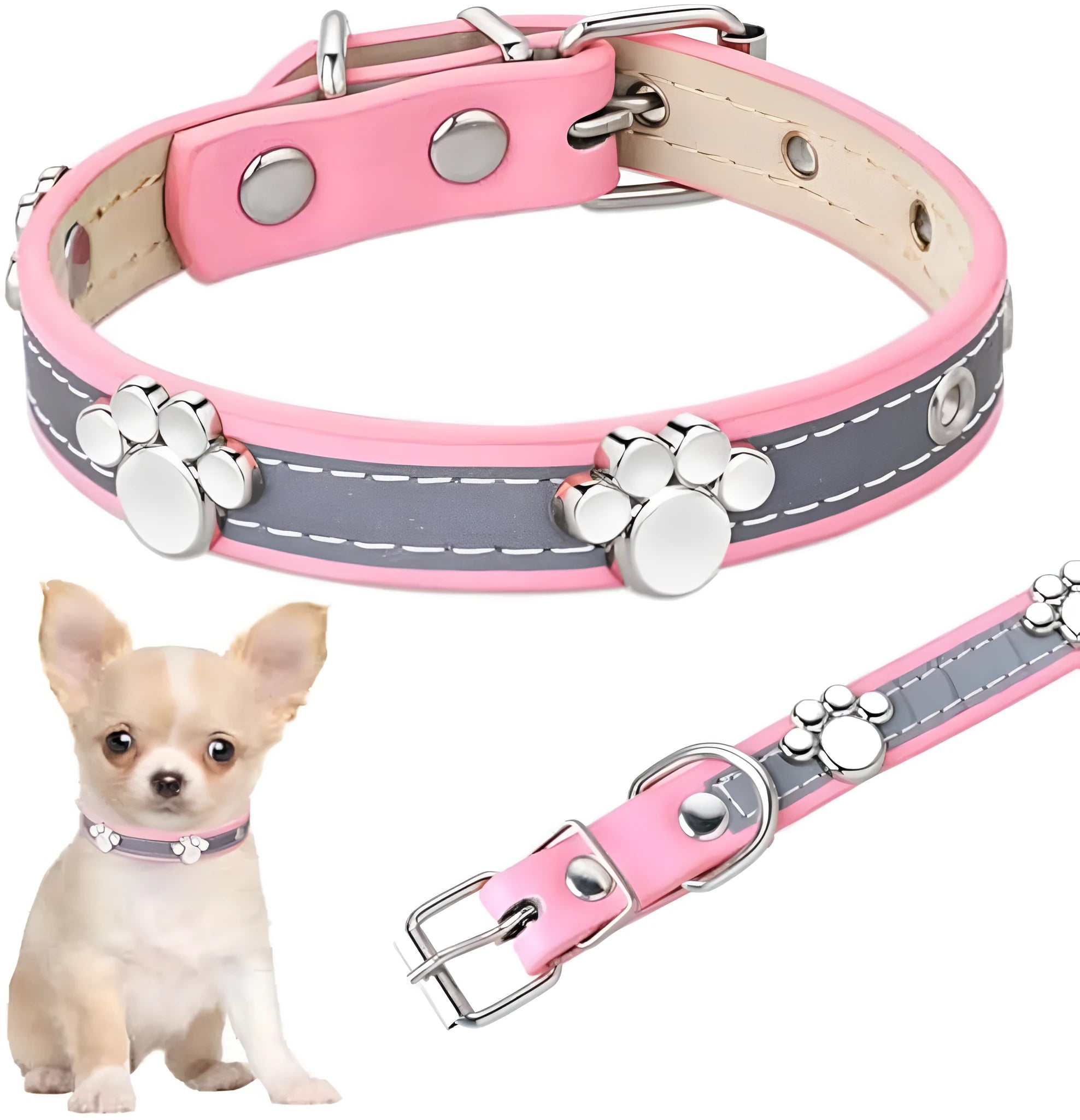 Reflective adjustable PU leather dog collar with paw rivet and metal buckle on a grey background.