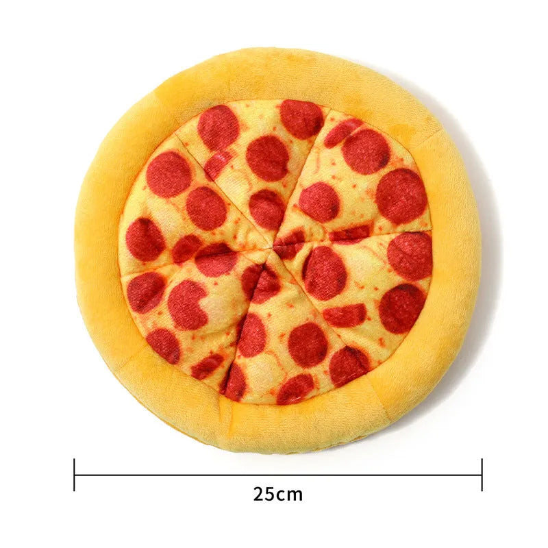 Yellow teddy toy pizza dog chewing toy with grinding teeth and squeaky features