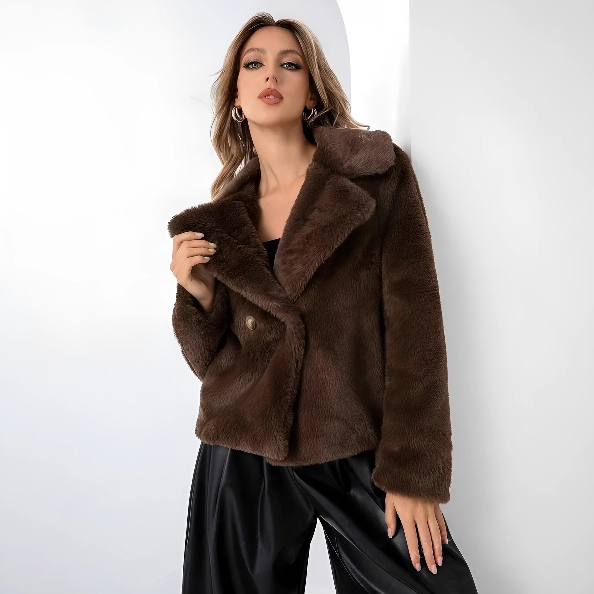 Women's rose red faux fur coat with regular sleeves and 50cm length loose fitting design