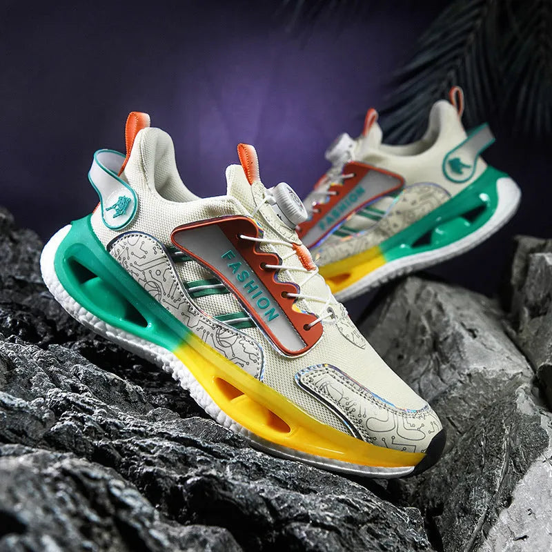 Men's low-top mesh running shoes with elastic band design in black, beige orange, or white grey colours