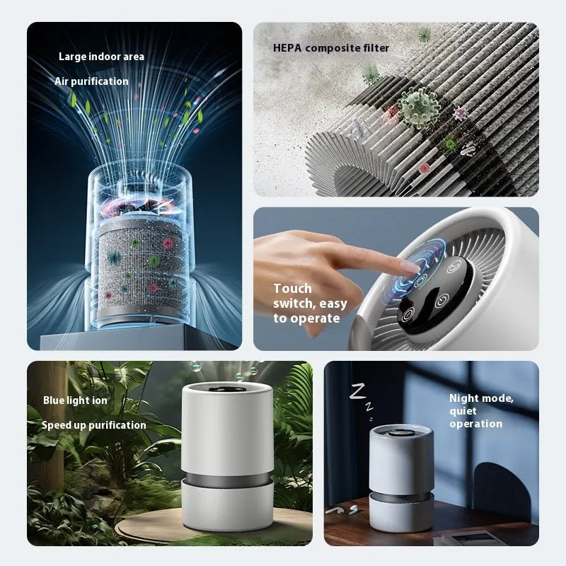 White simple-style desktop USB air purifier model EJ-JHQ101 with Type-C cable.