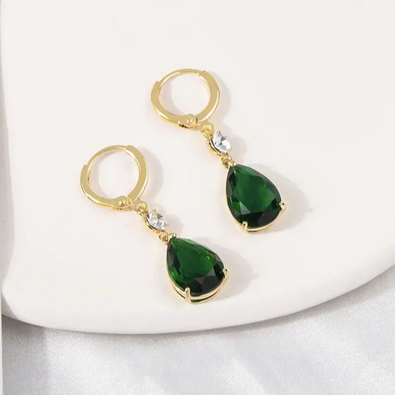 Green geometric teardrop alloy drop earrings for pierced ears.