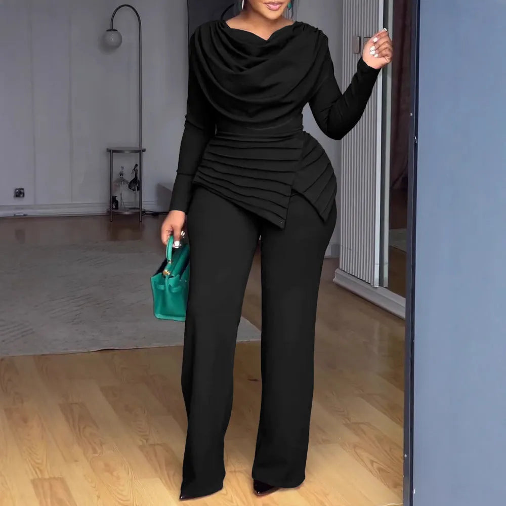 Women's high waist straight-leg jumpsuit with long sleeves and zipper detail in black colour
