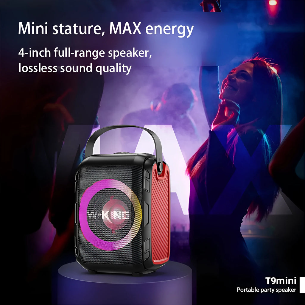Black Bluetooth speaker with cool light circle in horizontal position on table