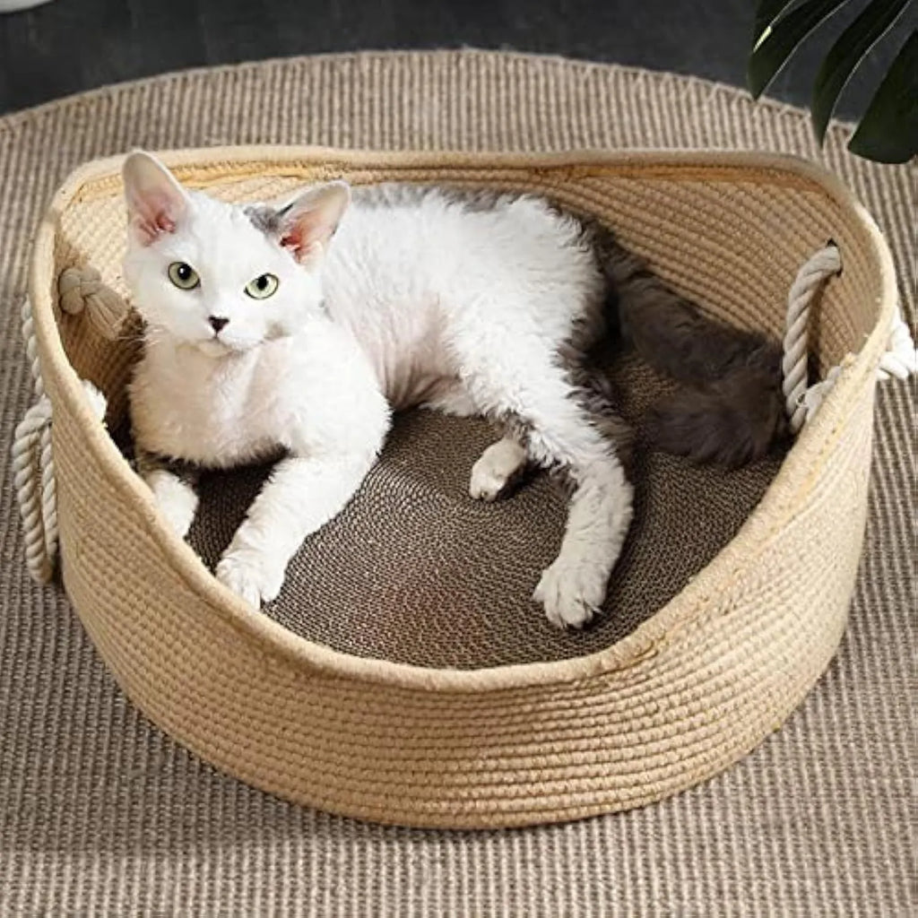 Wicker-style corrugated paper cat bed basket with integrated scratching surface