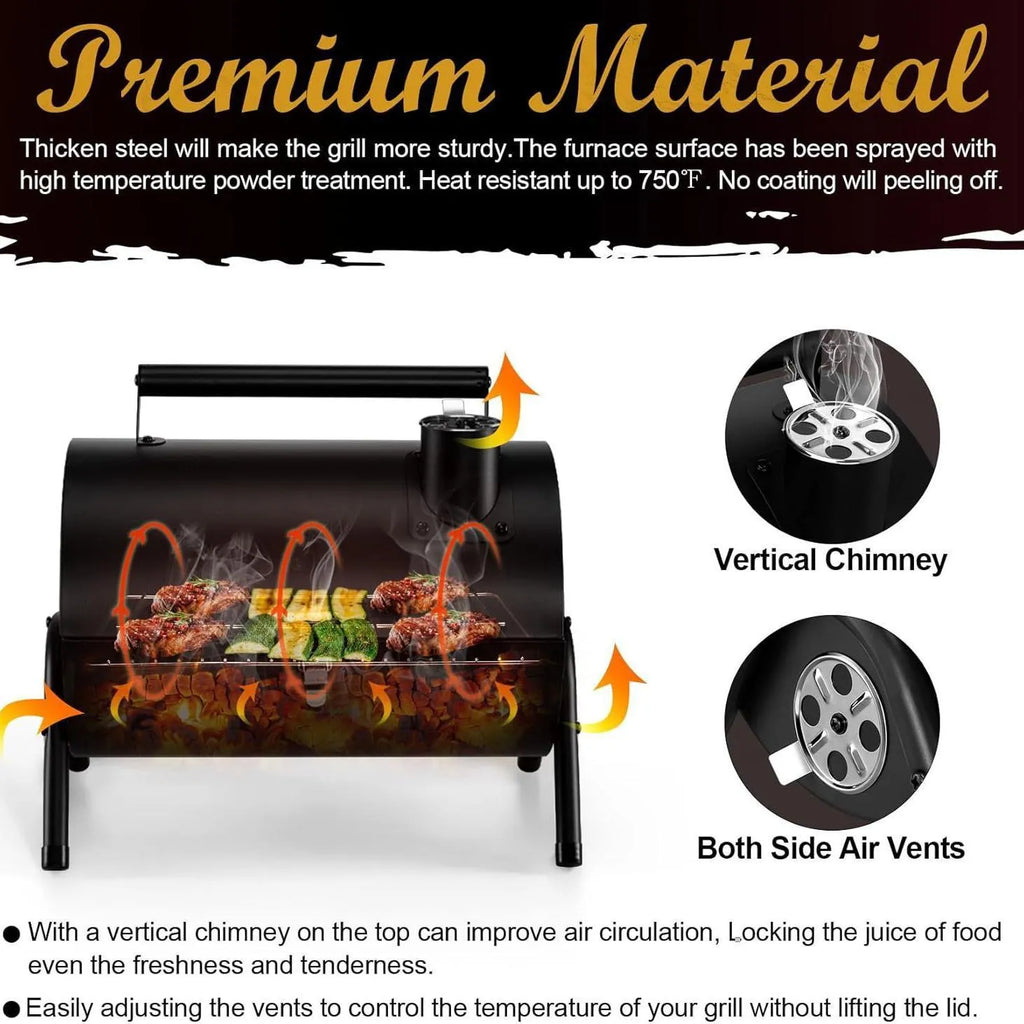 Small folding charcoal barbecue grill stove shown in use on a tabletop.