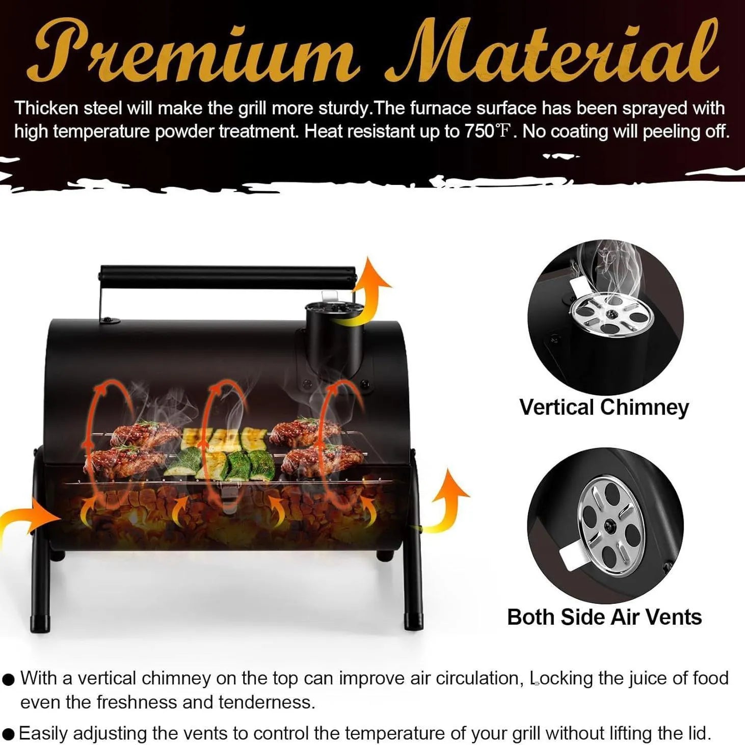 Small folding charcoal barbecue grill stove shown in use on a tabletop.