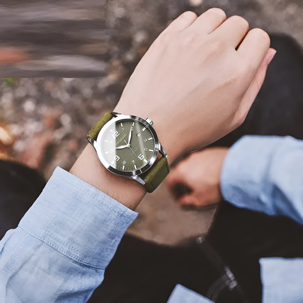 Men's automatic mechanical watch with leather strap and retro business design in multiple colour options