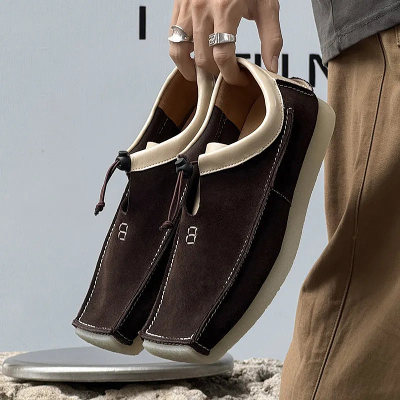 Casual plus size high-top loafers for men in beige suede leather with lace-up closure and rubber sole