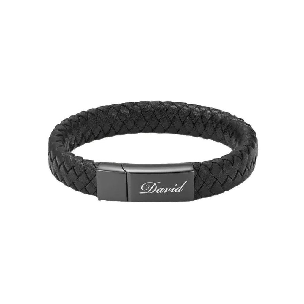Black leather casket pendant on a woven stainless steel bracelet for personalisation.