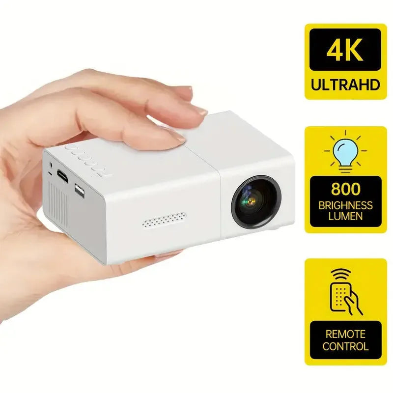 M100 mini LED projector in black or white showing 100-inch projection capability with remote control