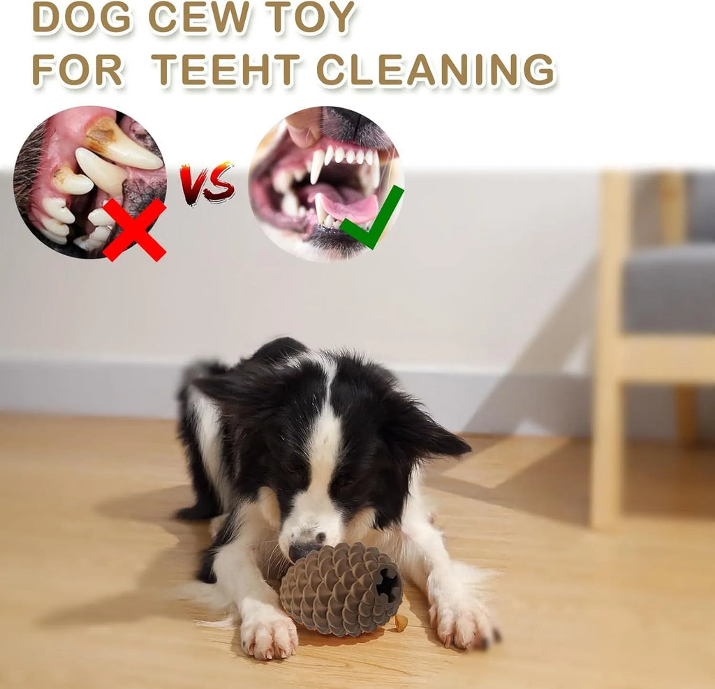 Yellow pine cone shaped natural rubber dog chew toy with treat dispenser hole, for medium and large breed dogs.