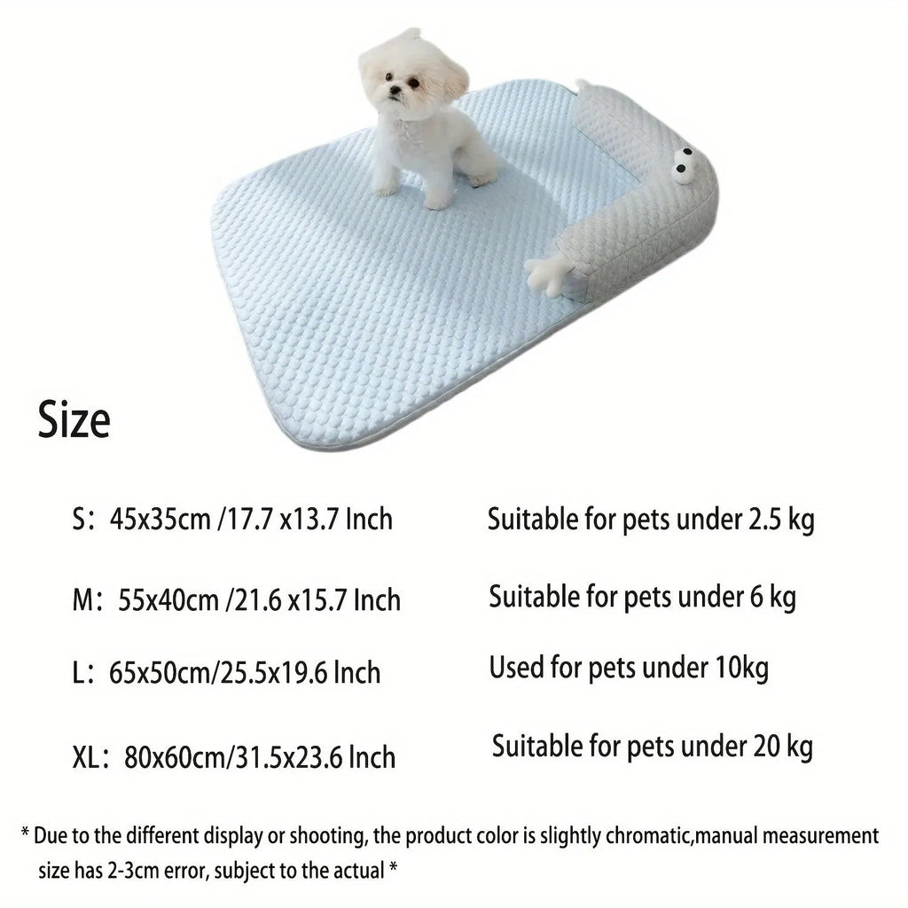 Blue monster design non-slip pet cooling bed for large dogs on a wooden floor.