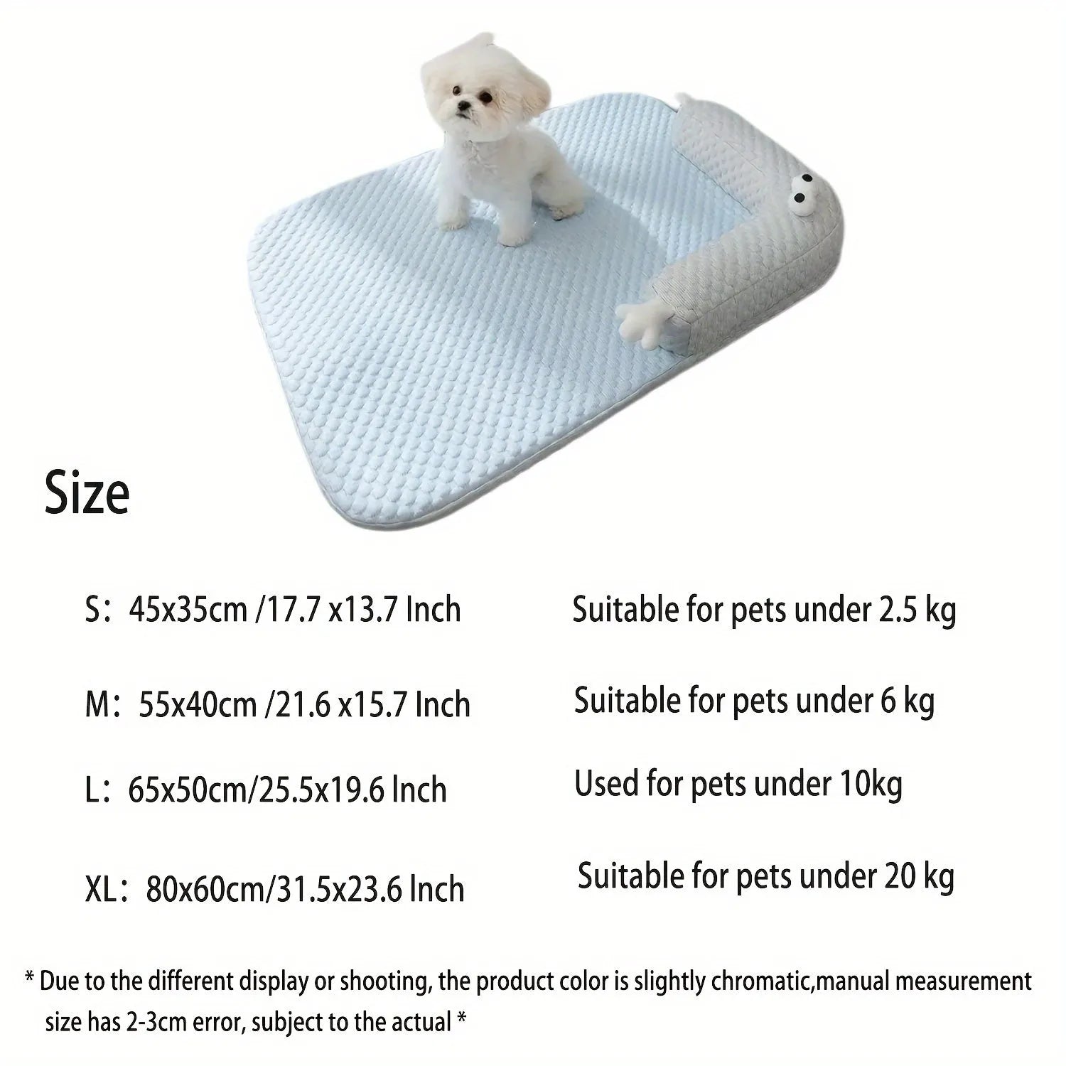 Blue monster design non-slip pet cooling bed for large dogs on a wooden floor.