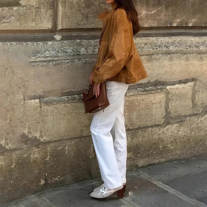 Retro solid colour loose fit polyester jacket with long sleeves on mannequin