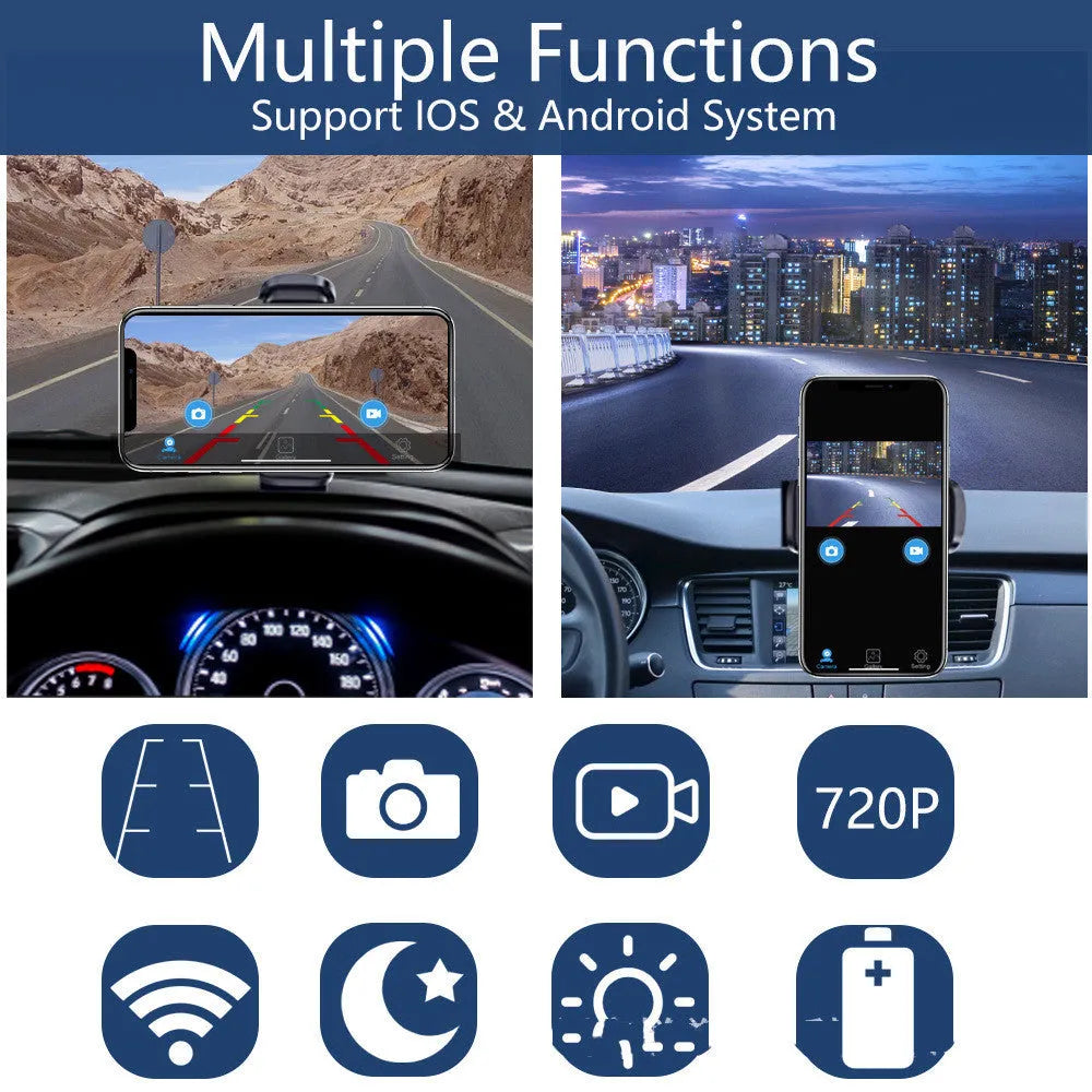 Solar-powered wireless reversing camera with magnetic mount showing aluminium alloy housing and adjustable angle mechanism