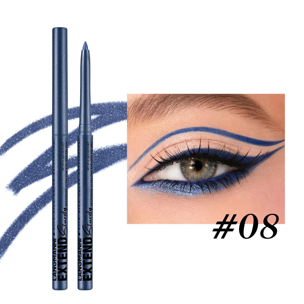 12 colourful gel glitter eyeliner pencils showing matte, glitter, metallic and pearl finishes for waterproof makeup