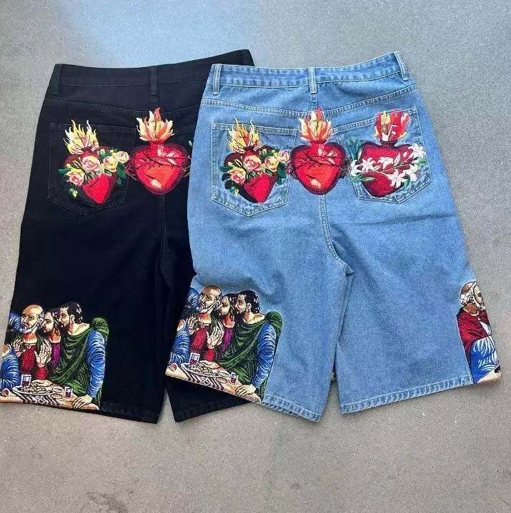 Men's blue cotton shorts with Jesus print on back pocket and tapered legs