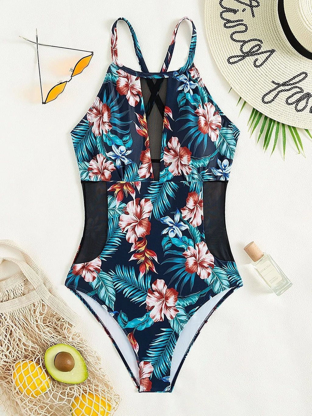 Women's deep V-neck one-piece swimsuit in polyester fabric with solid colour printing