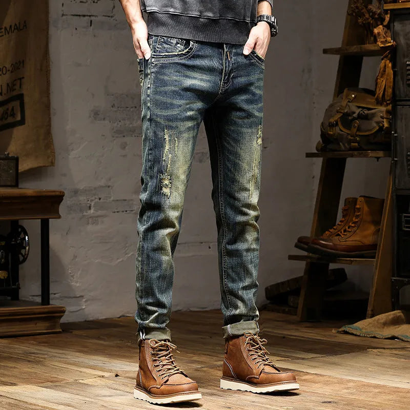 Men's skinny fit jeans in a retro blue colour with a zip fly.
