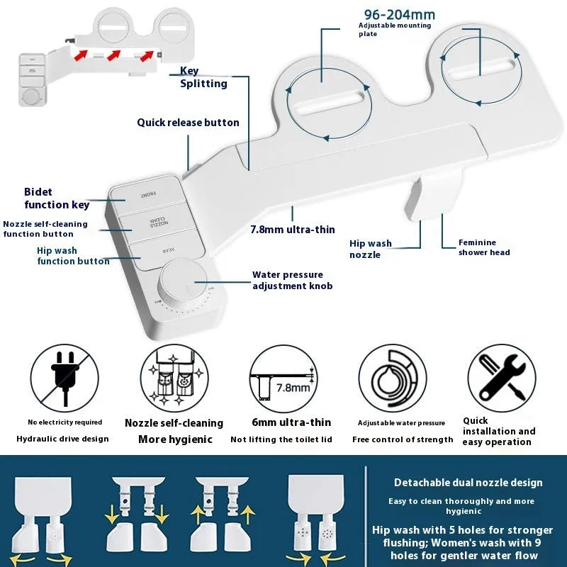Pure white non-electric bidet wash tool with button control and removable cleaning nozzle