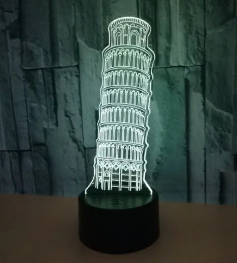 Leaning Tower of Pisa 3D acrylic LED nightlight on black base with multi-coloured illumination.