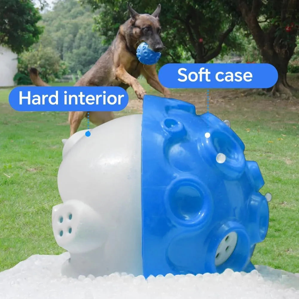 Colourful dog chew ball with textured surface and two-layer rubber construction for aggressive chewers