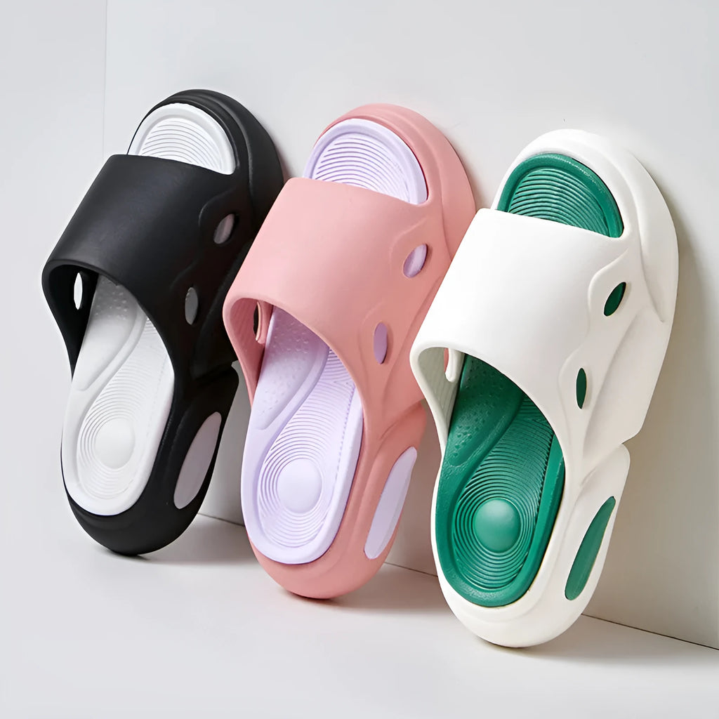 Two-colour EVA slippers for couples with thick soles and leather lining in pink purple, white green, and black white options