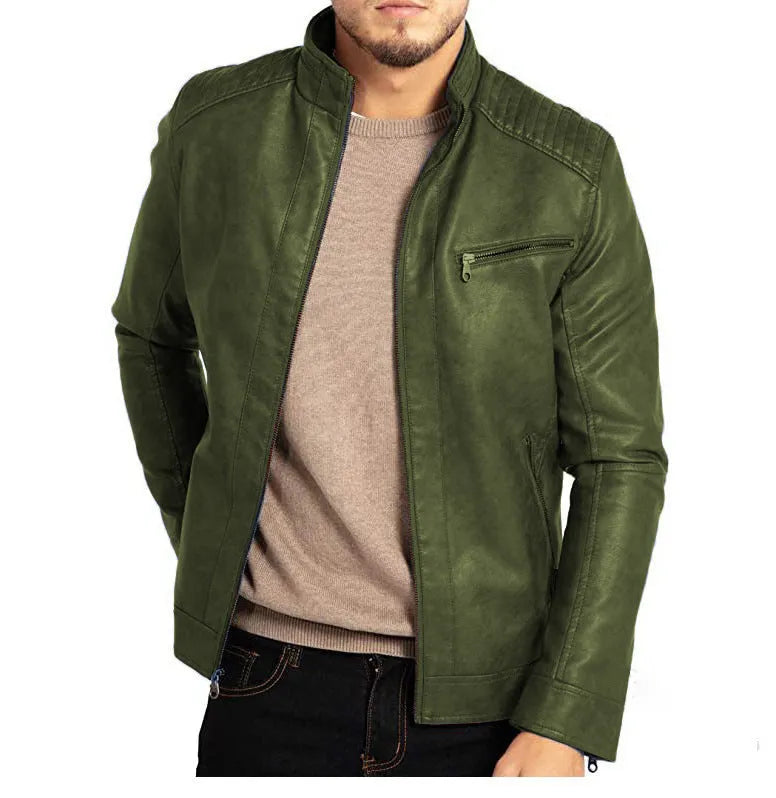 Men's punk style artificial leather biker jacket in Army Green with stand collar and patch pockets