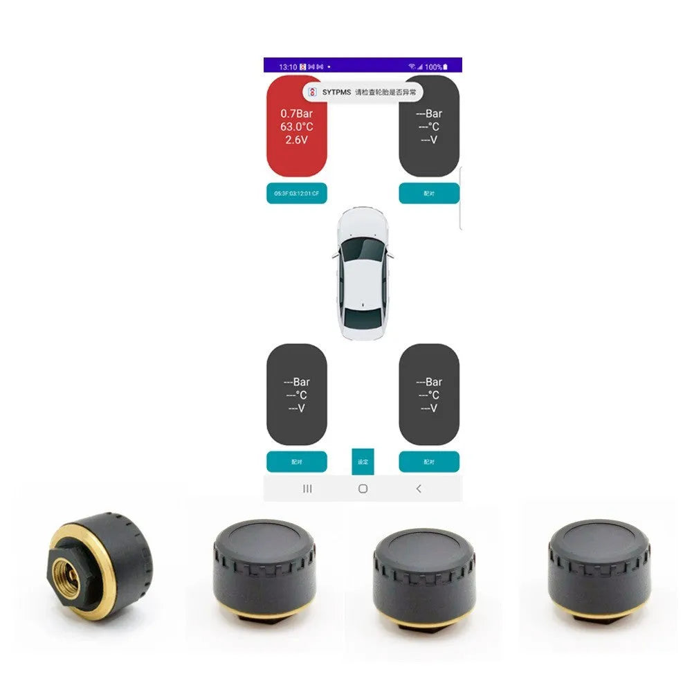 Black Bluetooth tyre pressure monitor set with four units for car tyre safety monitoring