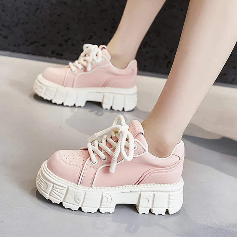 Women's beige leather casual shoes with 7cm muffin bottom heel