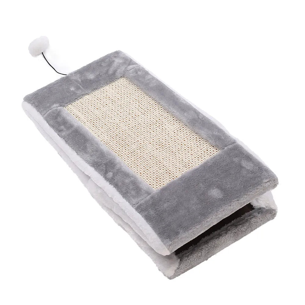 Grey and white triangular cat nest bed with a sisal scratching side for cats.