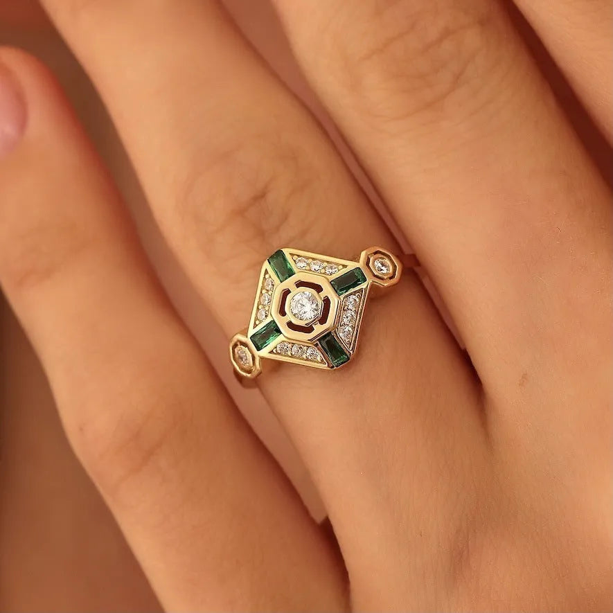 Square geometric women's emerald diamond ring with electroplated lvzuan colour finish