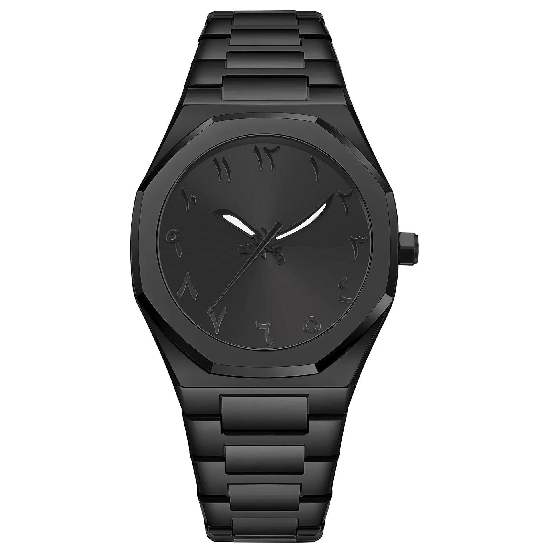 Men's business quartz watch with a steel bracelet and a black and silver dial on a wrist.