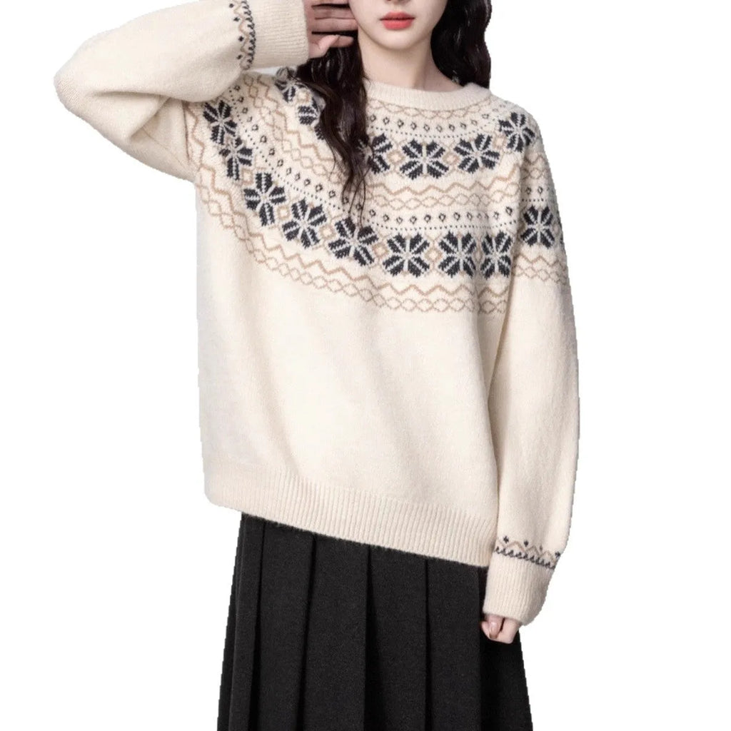 Milky white women's Fair Isle patterned knit sweater with loose fit and crew neck.