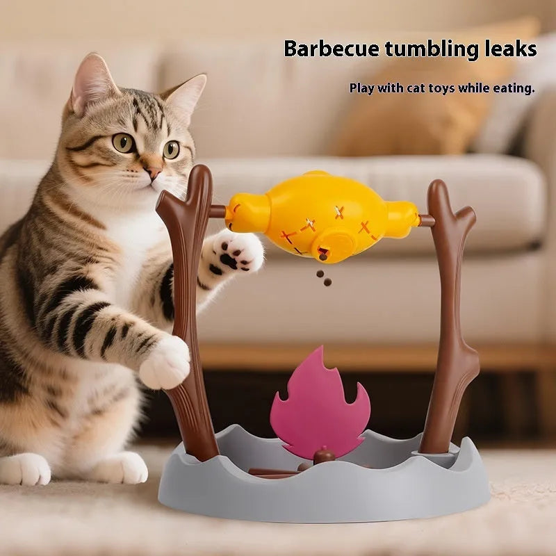 Barbecue themed plastic cat food tumbling feeder for interactive play and slow feeding