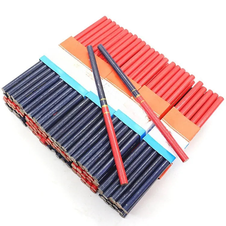 Red and blue two-colour carpenter's pencil in round wooden design - 10 piece pack
