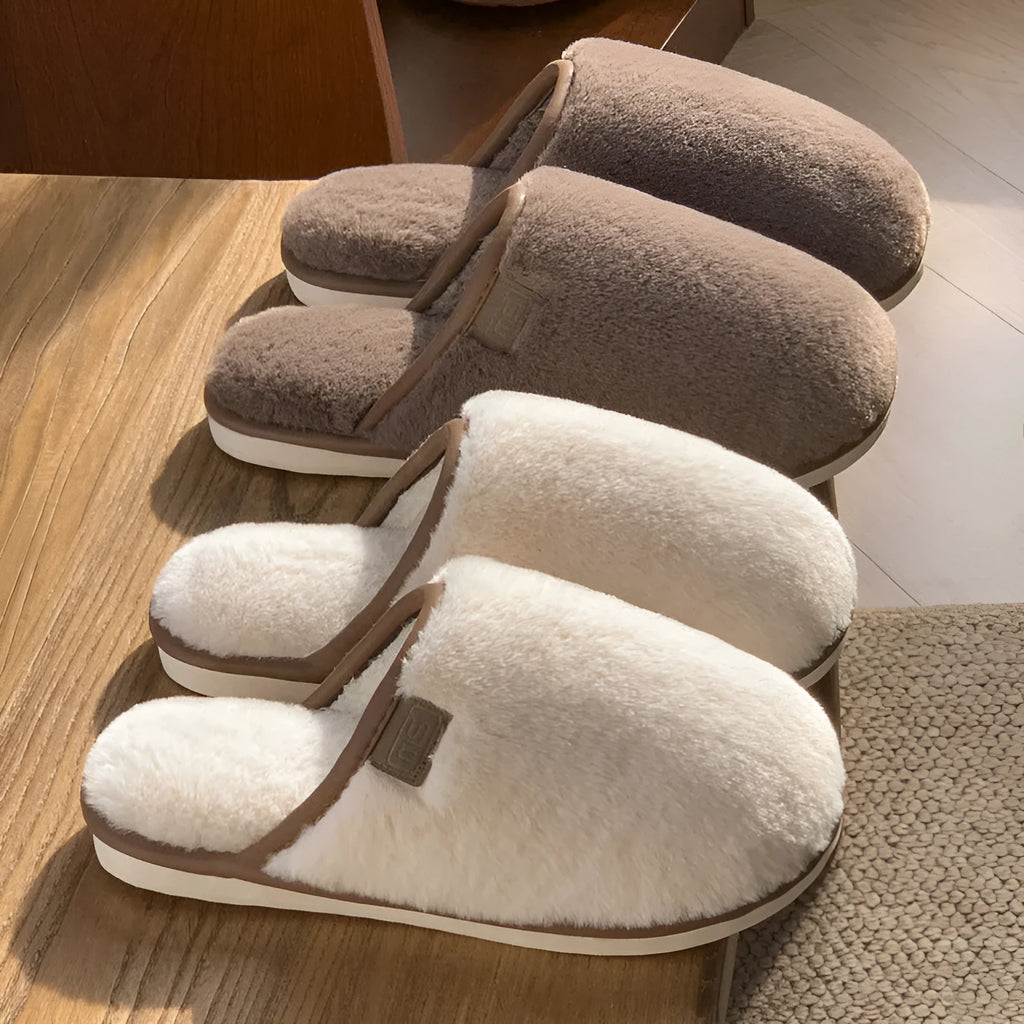 Solid colour winter plush slippers with decorative car stitching and non-slip PVC sole