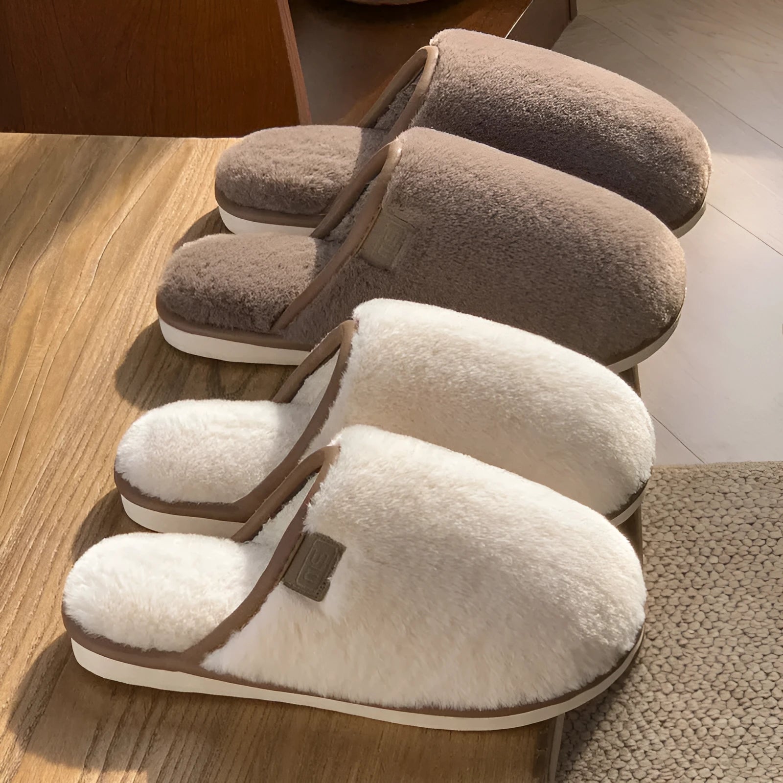 Solid colour winter plush slippers with decorative car stitching and non-slip PVC sole