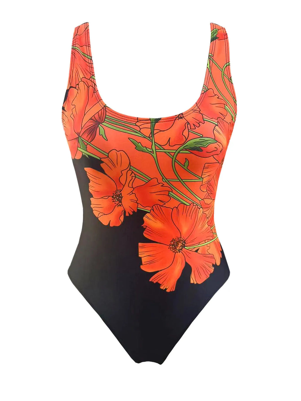 Orange flowers printed backless one-piece swimsuit with slim fit design on mannequin