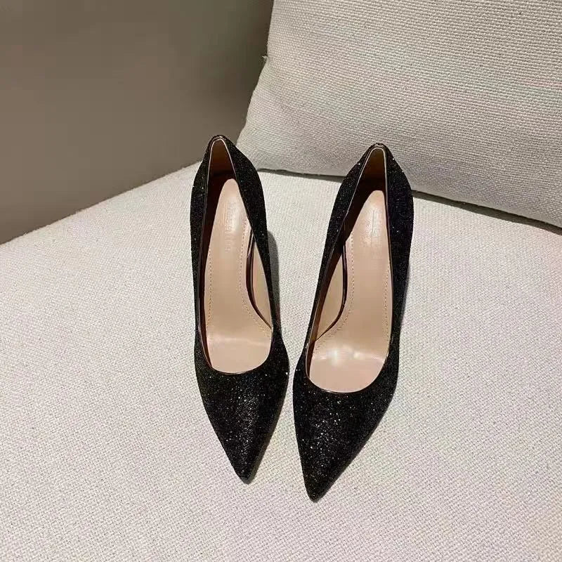 Women's crystal wedding shoes in black or silver with stiletto heels in 3cm, 7cm or 9cm heights