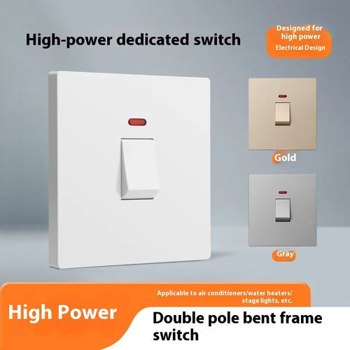 High current double break switch with illuminated panel for water heaters, in gold, grey, or white