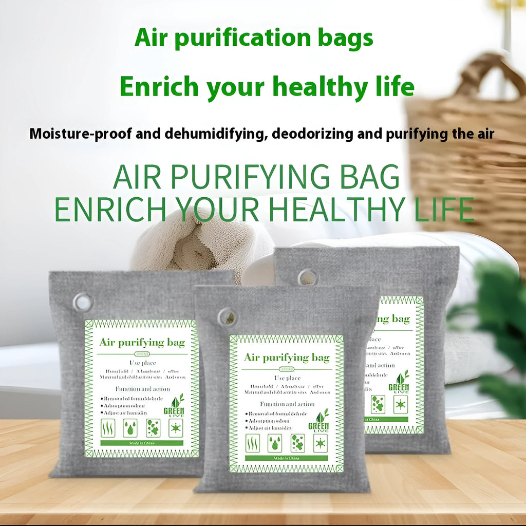 Bamboo charcoal air purifier bag in a sewn fabric pouch for formaldehyde removal.