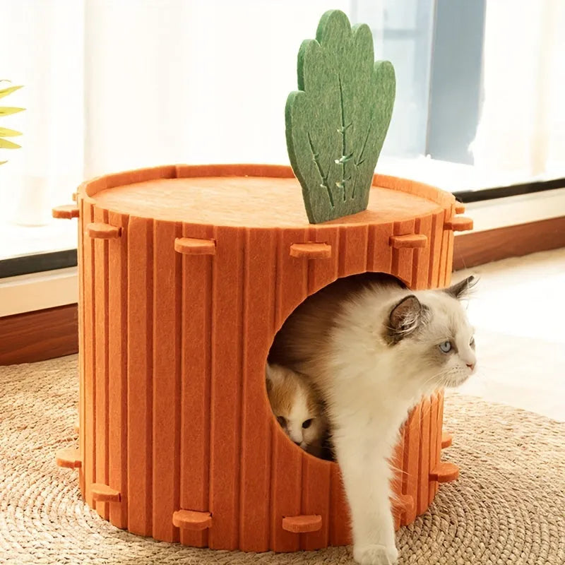 Carrot-shaped grey felt cat tunnel bed with one entrance hole, shown in medium and large sizes.