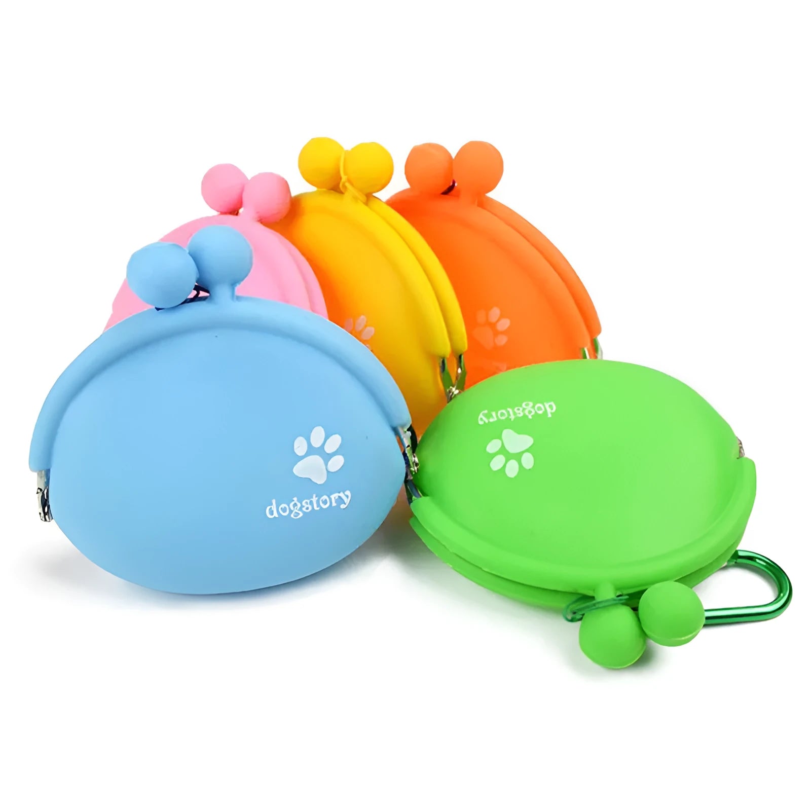 Yellow silicone dog training treat pouch with hook-and-loop waist strap, shown with dog biscuits.