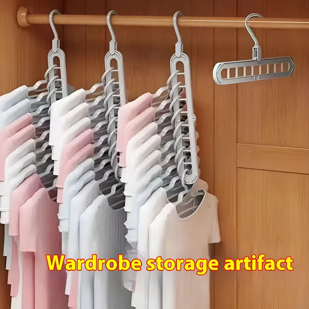 Plastic multifunctional hanger with nine holes for trousers in beige, blue, grey, green, or pink colours
