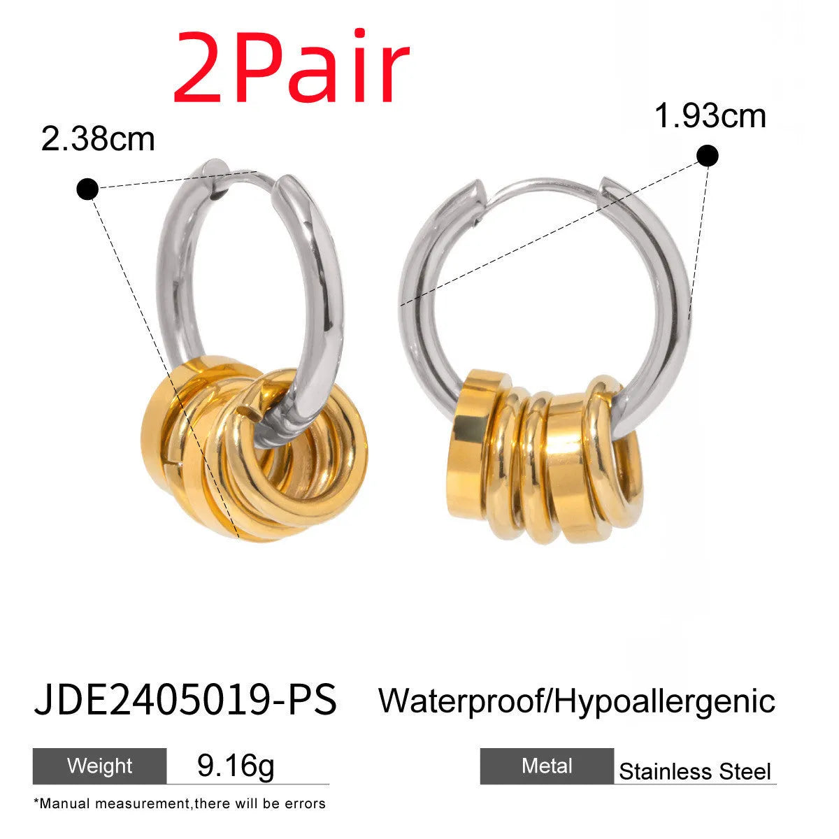 Pair of personality stainless steel color matching earrings with electroplated ins style finish