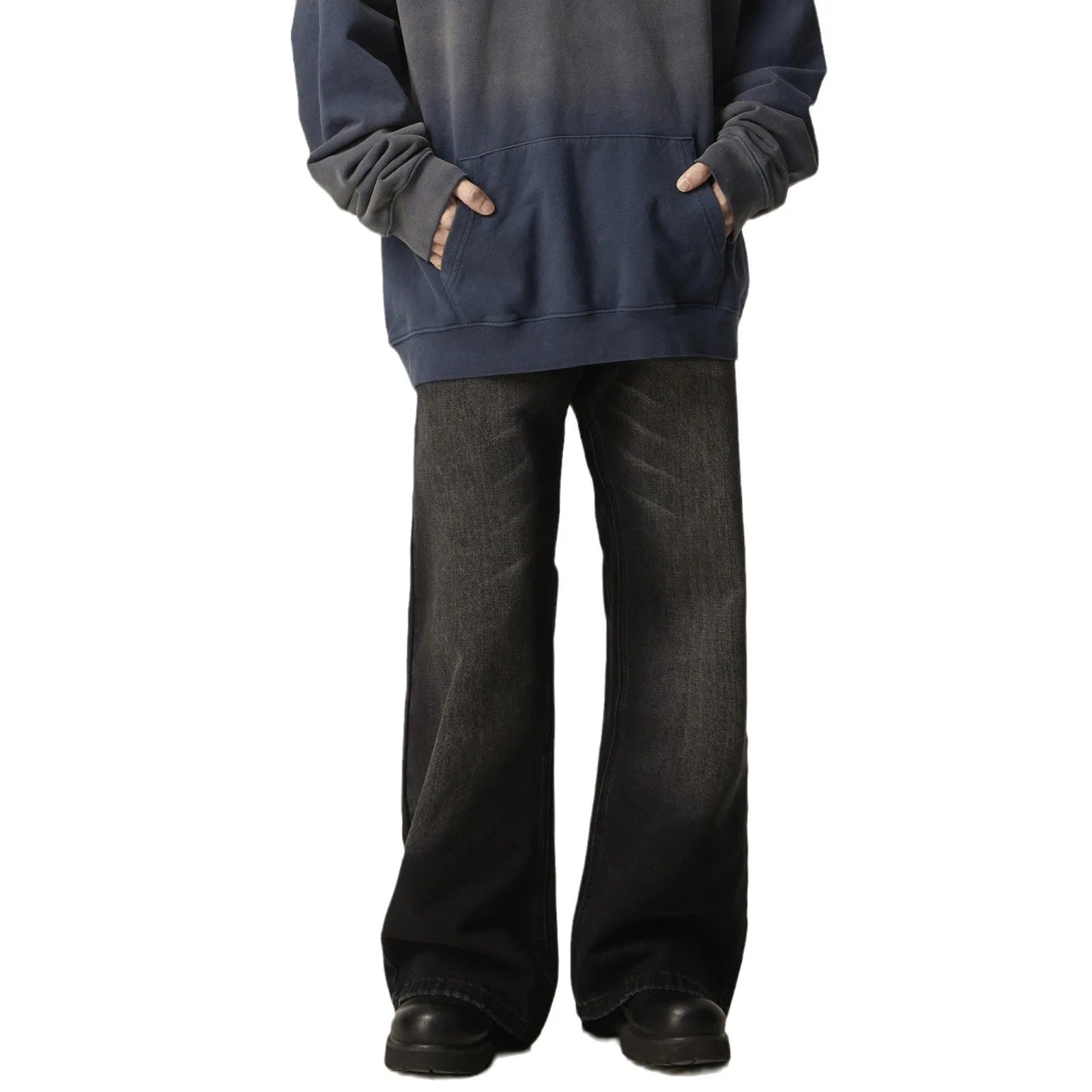 Black loose straight-leg retro jeans with zipper fly on mannequin